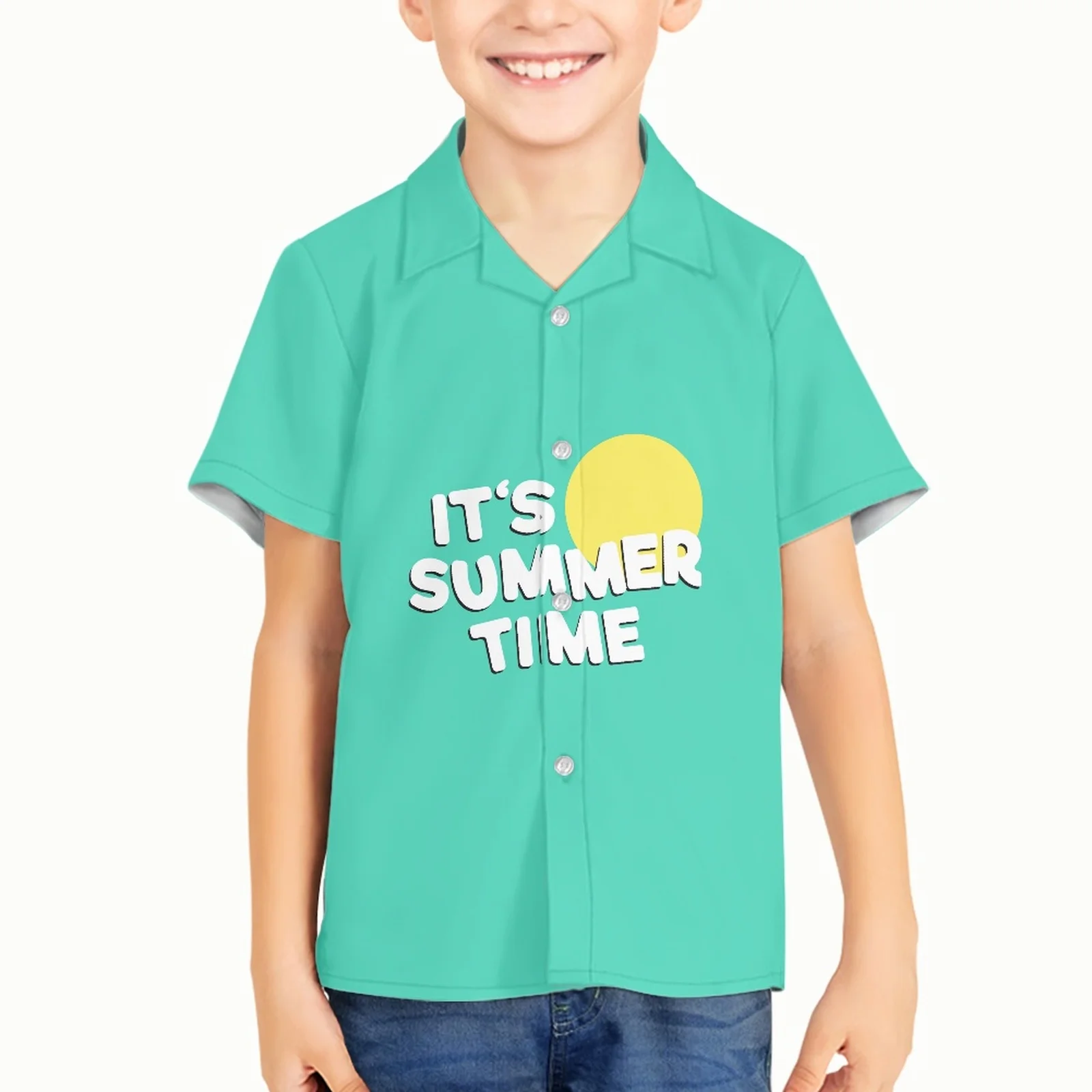 

Blue English Print 5-12 Boys' Hawaiian V-Neck Boys' Shirt Polyester Short-Sleeved Casual Shirt 2023 Summer Polynesia