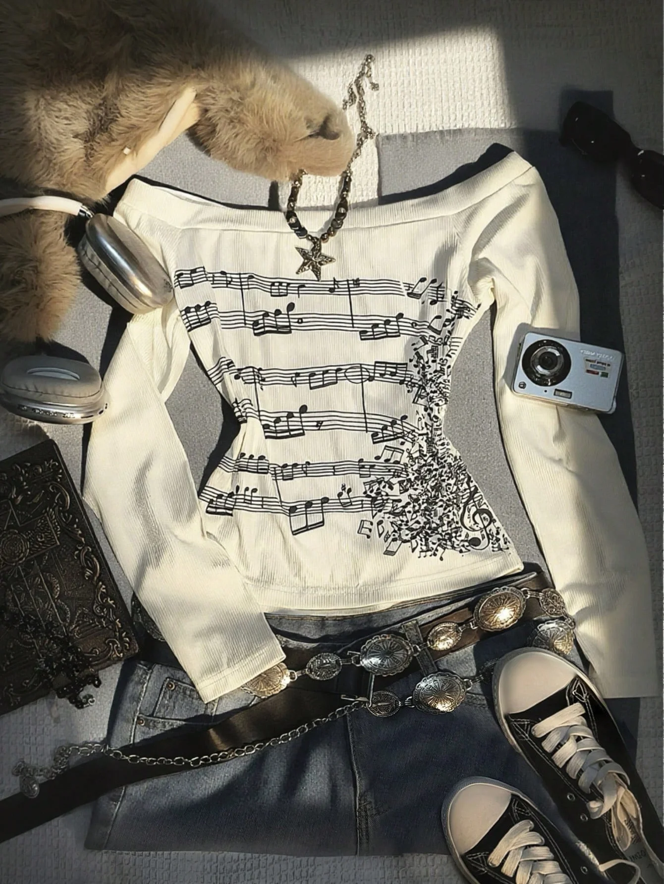 Schulterfreies Retro-Top für Damen, schmales T-Shirt mit langen Ärmeln und Note-Aufdruck, modisch, Retro-Y2k, strukturierter Stoff, Geschenk für Schwestern,