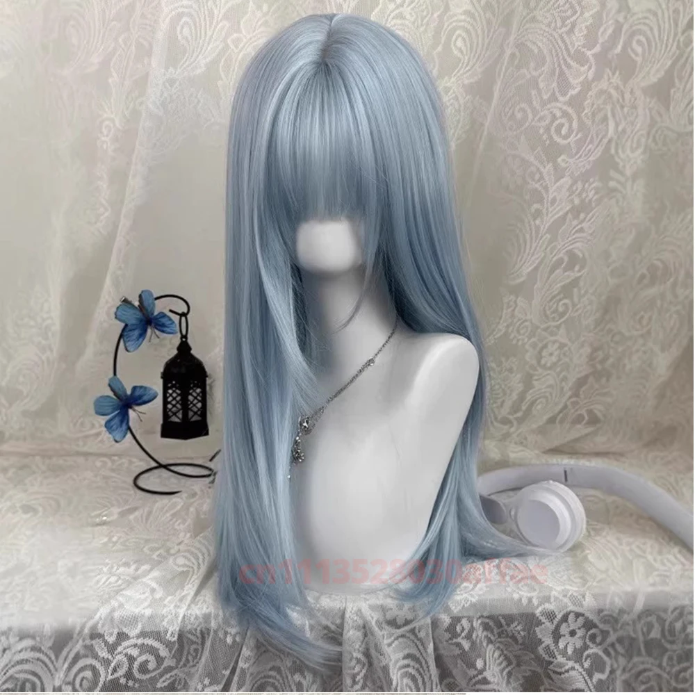 Ice Blue Long Straight Wig with Bangs For Women Cosplay  Lolita Daily Party Heat Resistant Wig Fibers Synthetic Wigs Daily Use