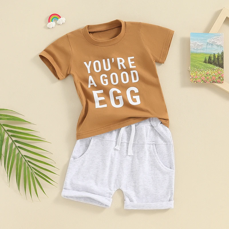 Baby Boy Easter Outfit Short Sleeve Letters Print T-shirt with Elastic Waist Shorts 2-piece Outfit