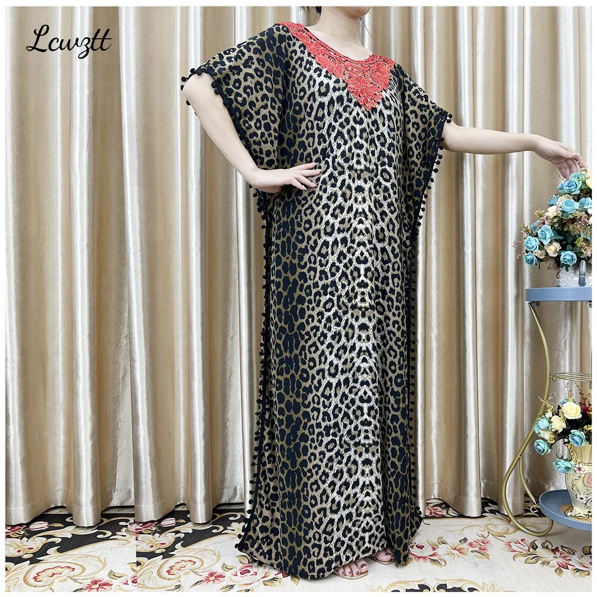 New Arrival Fashion African Women Loose Dress Muslim Large Casual Dress Elastic Fabric Stitching Pearl Diamond Decorative Style