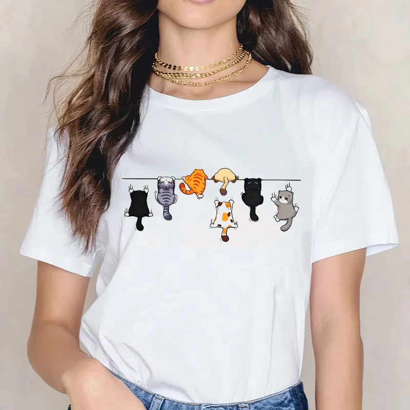 

Fashion Women's T-shirt Cute Cat Print Short Sleeve T Shirt Harajuku Casual Summer Round Neck Streetwear Tee Y2k Clothes Top