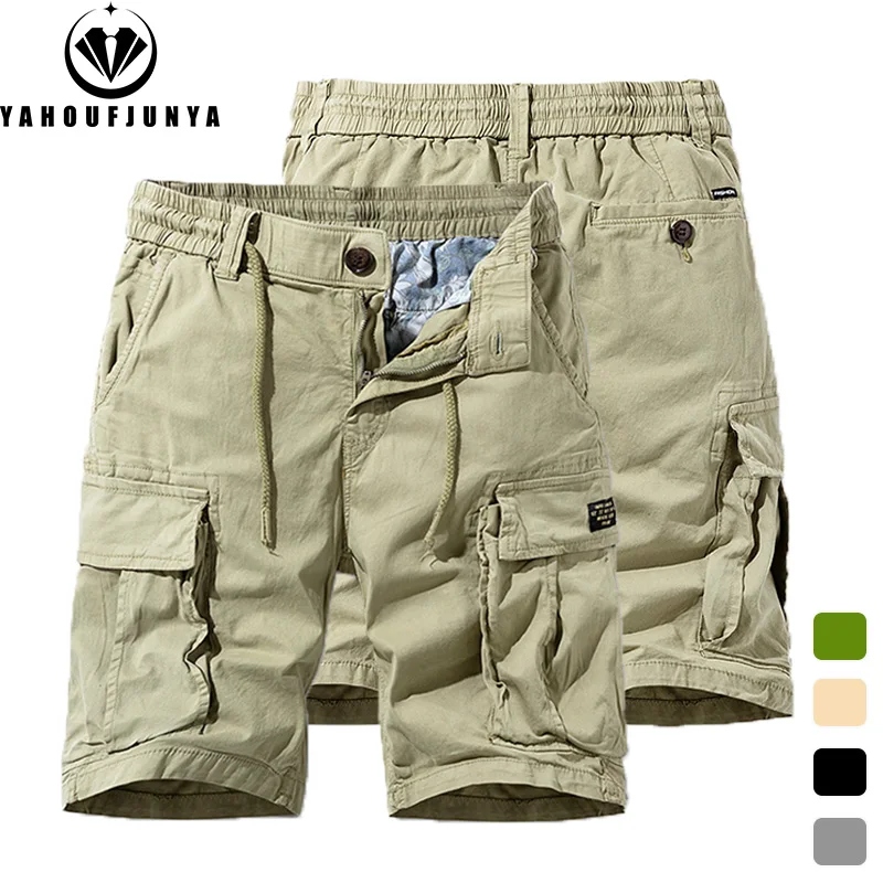 2025 Men Summer Outdoor Leisure Cotton Tooling Shorts Men Drawstring Buttons Solid Straight Soft Fashion Short Pants Male Tops