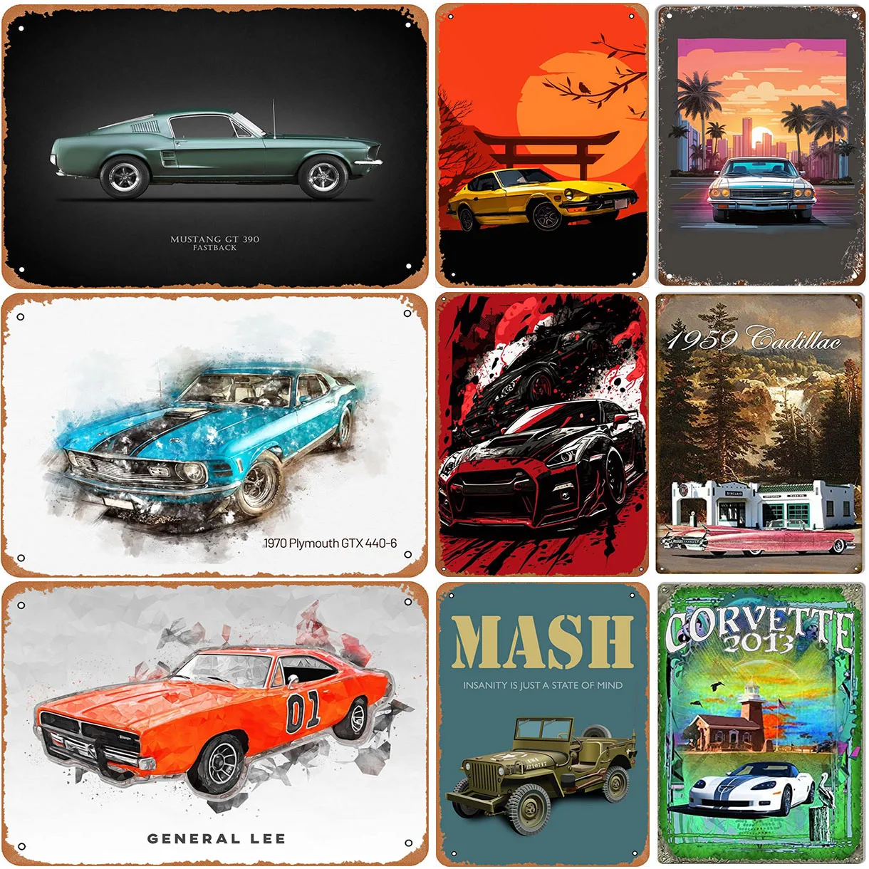 Vintage Classic Car Metal Tin Signs Mustang GT Posters Plate Wall Decor for Garage Bars Man Cave Cafe Clubs Retro Posters Plaque