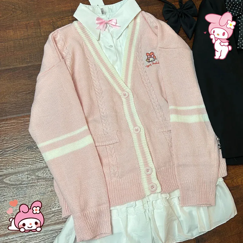 

Kawaii My Melody Embroidery Knitted Sweater Women Sanrios Kittys Cartoon Cinnamoroll Kuromi Y2K Girl College Style Cardigan Coat