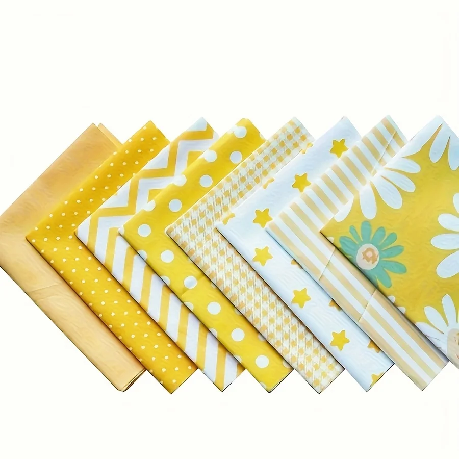 8pcs Yellow Floral Polka Dot Cotton Fabric | Precut Squares for Quilting DIY Crafts
