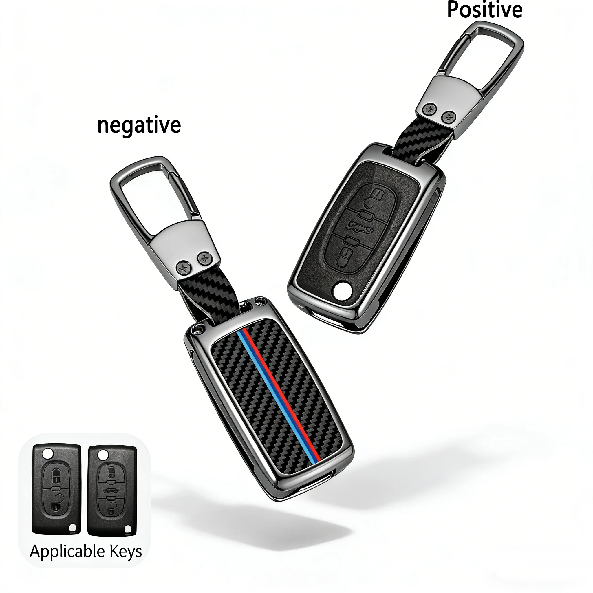 

Carbon Fiber Metal Car Key Fob Cover Case for Peugeot 308 408 508 207 307, 2/3 Button Flip Remote Key Protector with Keychain, F