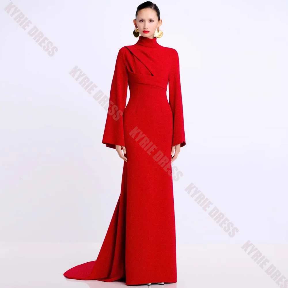 Customized Formal Evening Dresses High Neck Pleats Full Sleeves Column for Women Wedding Guest Dress Sweep Train Prom Party Gown