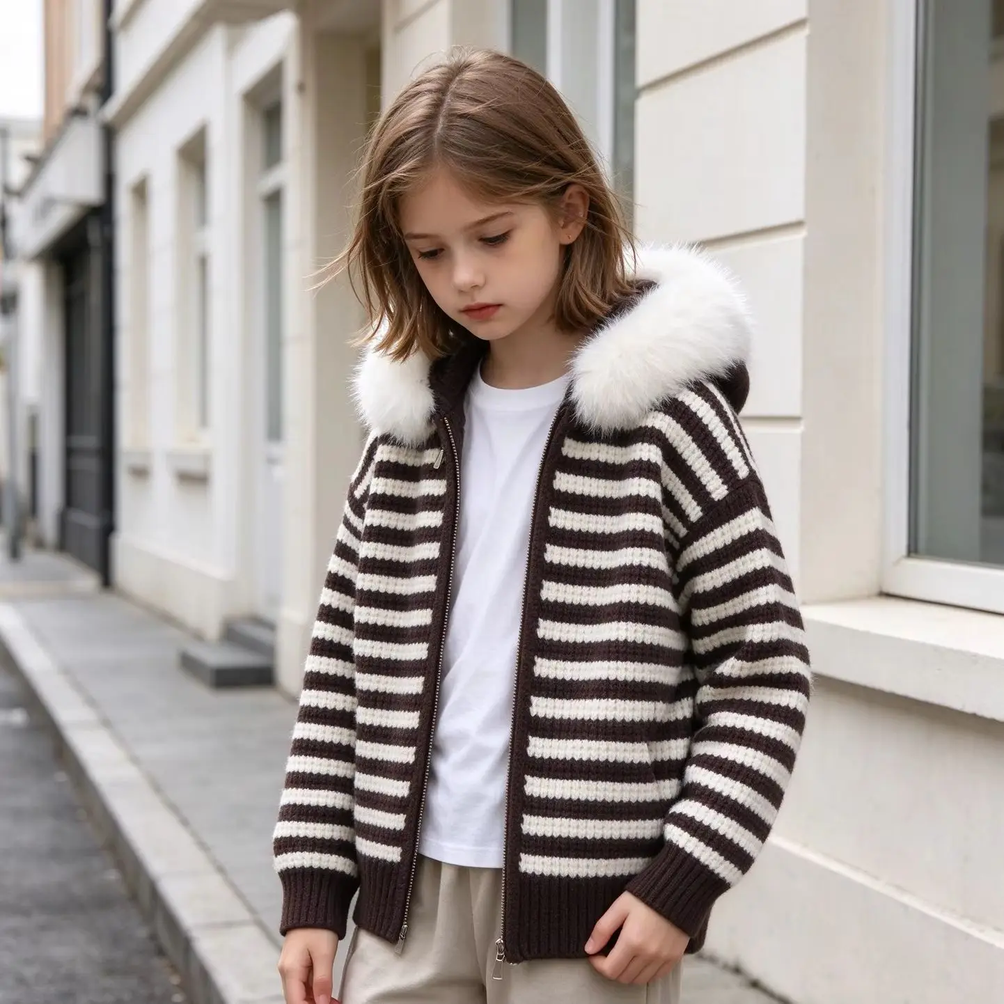 Girls Striped Knit Jacket Zip Hoodie Furry Collar Warm Outerwear for Kids Fall Winter Casual Daily Wear 4-12 Years Children Tops