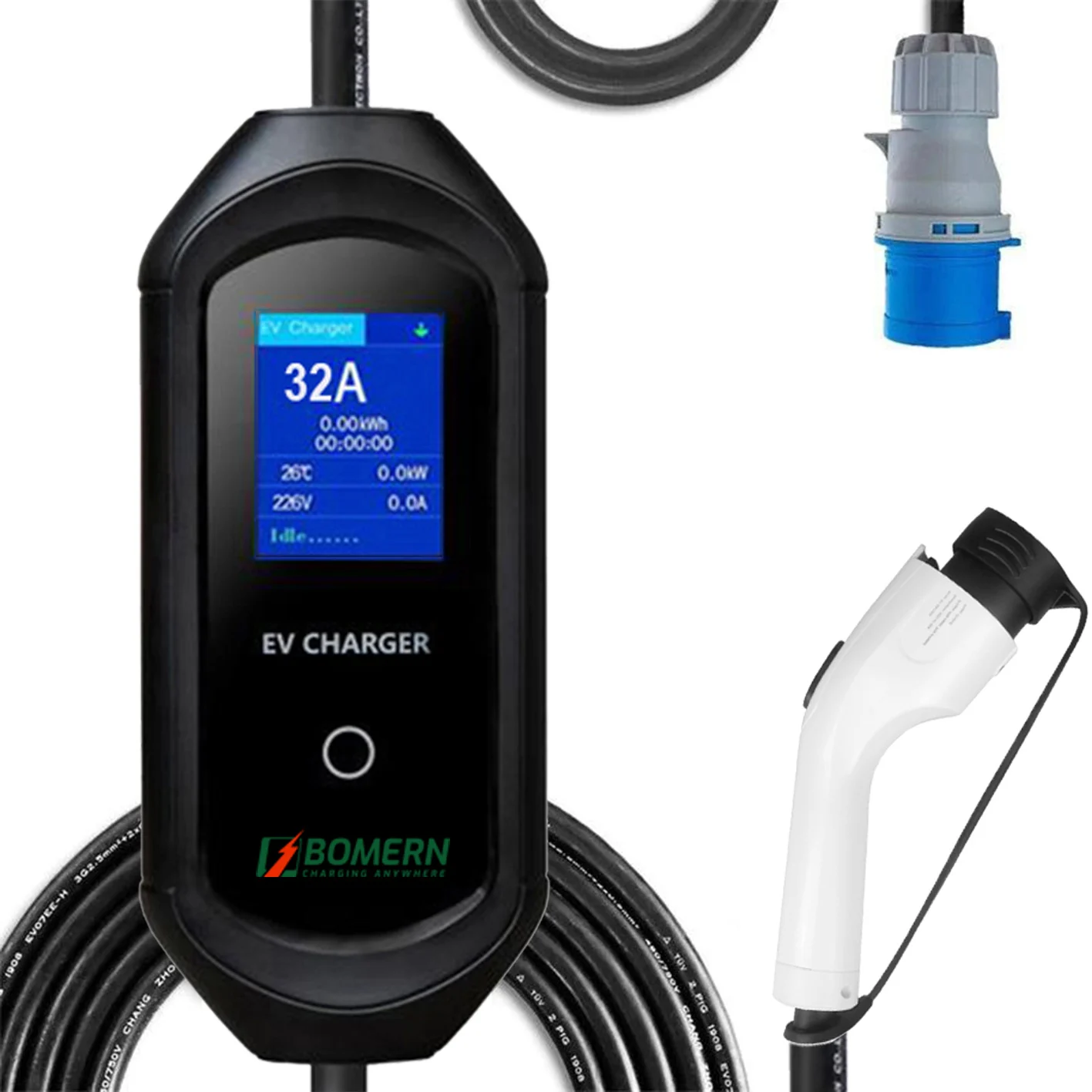 Best Price IP65 16A 32A Adjustable Portable Electric Car EV Charger With 2.8 Inch LCD/LED Display