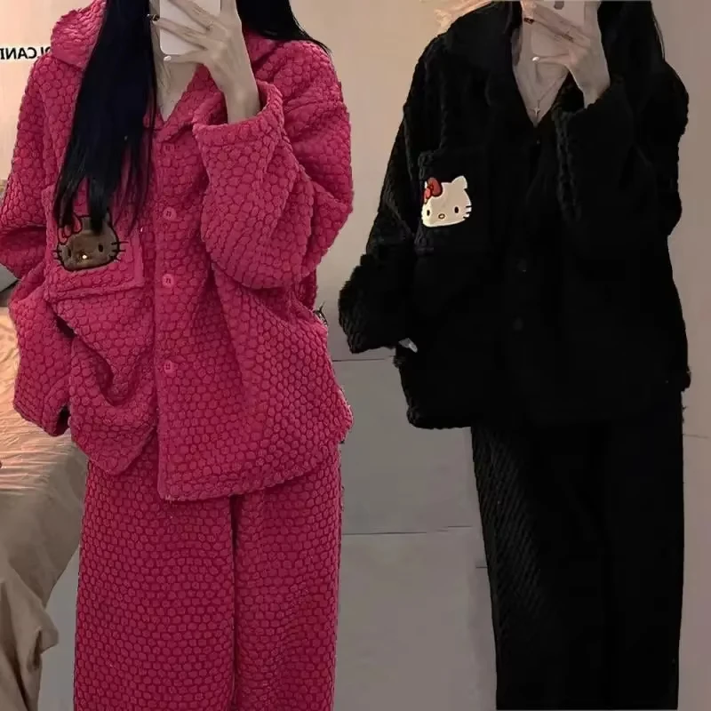 

Милые женские фланелевые пижамы Hello Kittys, осенне-зимний утепленный теплый комплект ночного белья с героями мультфильмов Sanrioed, коралловый бархат, домашняя одежда