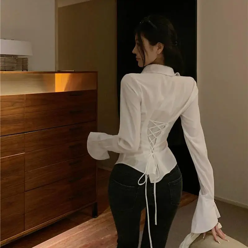 Y2k coreano feminino bandagem camisas fino ajuste blusa branca sino manga streetwear casual primavera todos os jogos moda nova