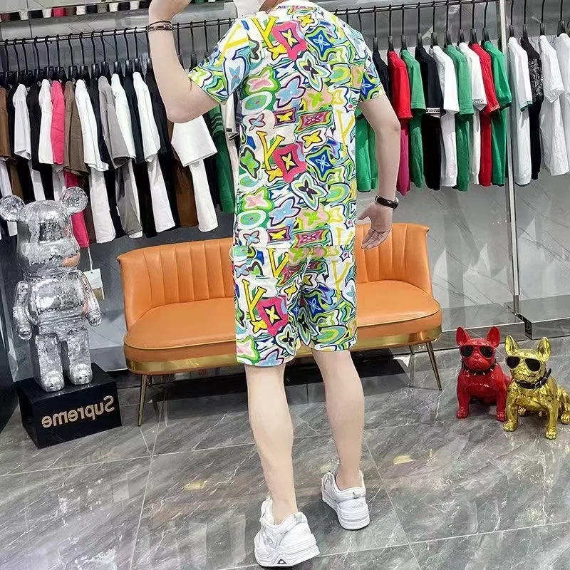 

2024 European Luxury Brand Printing Summer Men's Trendy Brand Round Neck Slim Men's Short Sleeve Suit Comfortable and Breathable