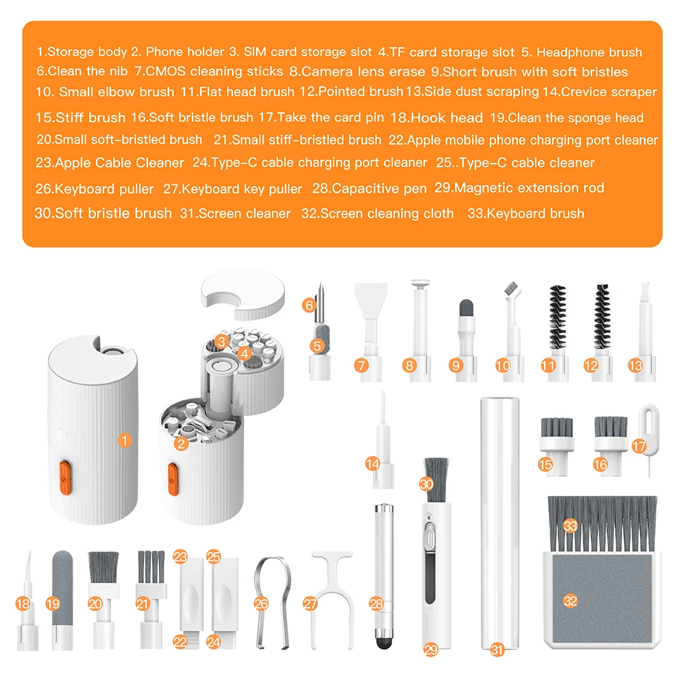 طقم تنظيف لوحة مفاتيح الهاتف اللوحي متعدد الوظائف 33 في 1 لهاتف iPhone Samsung AirPod وفرشاة إزالة المفاتيح ومزيل الشاشة #6
