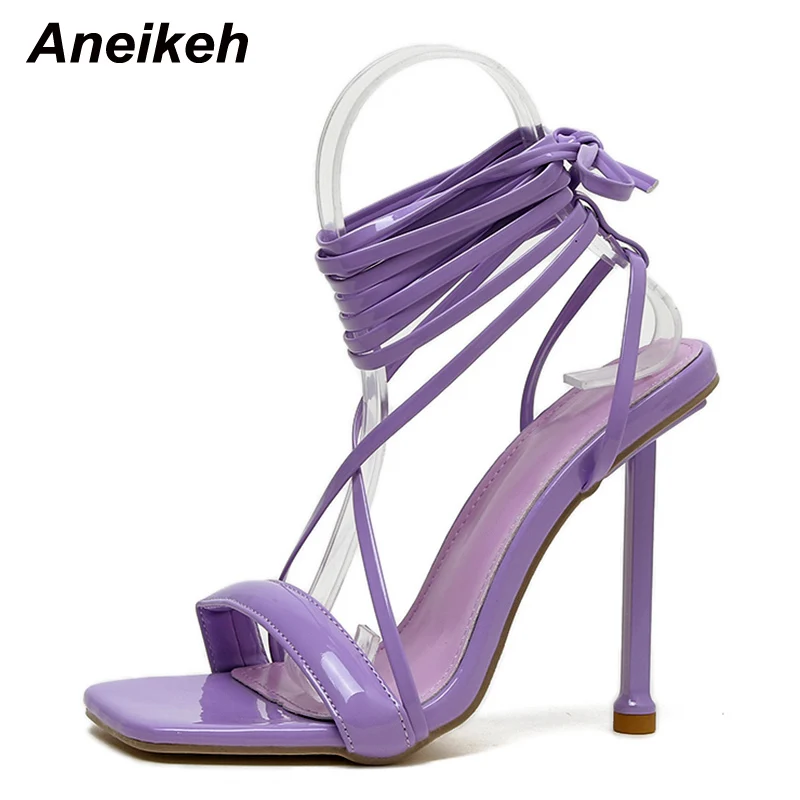 Aneikeh NEW Summer Thin Heel Square Toe Cross-tied Heeled sandals Heel High Heel Sexy Sandals Narrow Band Stripper Shoes Lace-Up