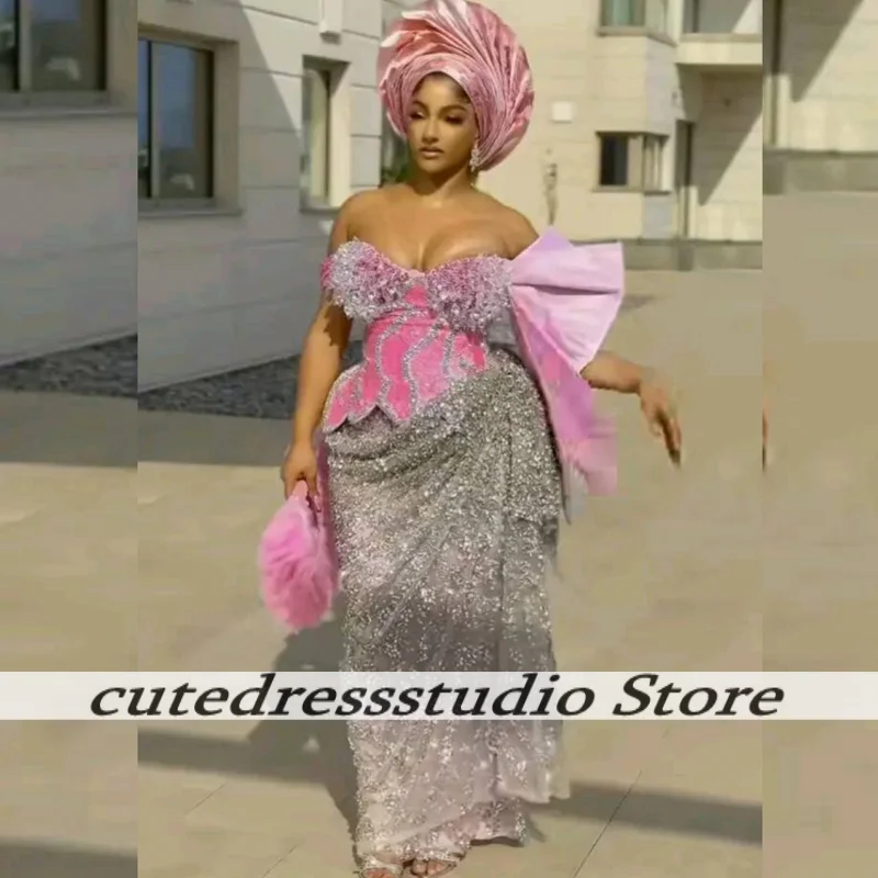

Aso Ebi Розовые и серебряные вечерние платья русалки Африканское длинное свадебное платье с открытыми плечами Платье для выпускного вечера для женщин по индивидуальному заказу
