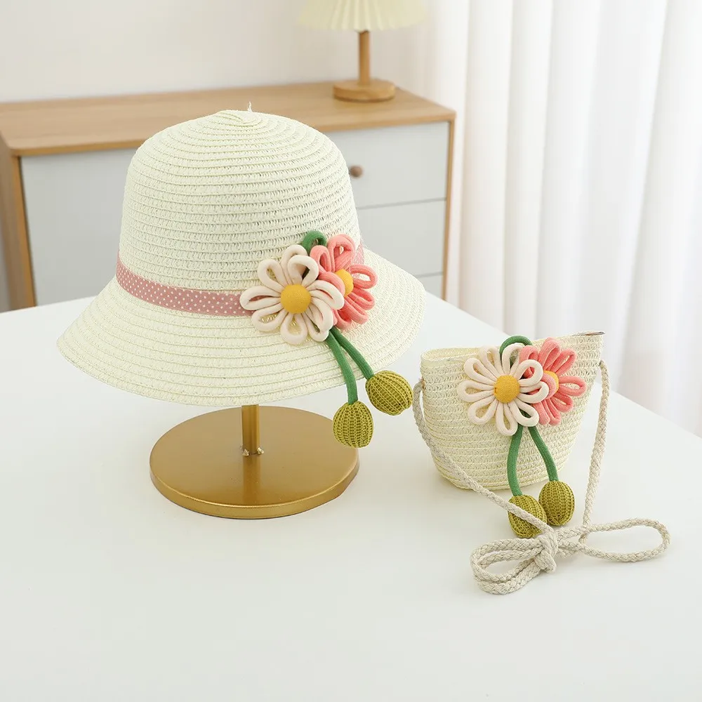 Straw hat for kids summer girls beach hat children\'s sun hat kids holiday travel straw hat bag set sunshade sun hat summer princ