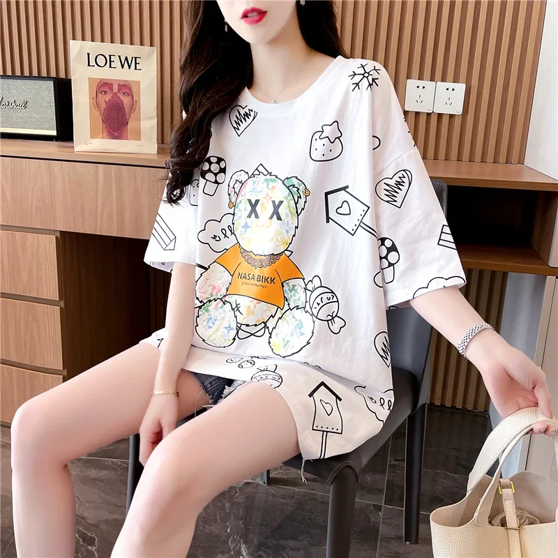 Summer Korean Style Loose Mid-length Designer Top Bear Print  Short-sleeved T-shirt Women Kawaii Clothes Graphic Tees