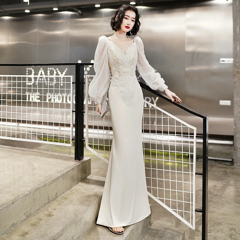 

Beige Elegant V-neck Evening Dress For Women Backless Long Sleeve Slim Cocktail Mermaid Dresses Lace Embroidery Banquet Gown