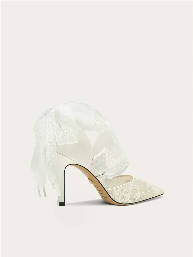 Summer new pointed hollow lace mesh bow tie wedding shoes banquet large size small size slim heel high-heeled women's sandals