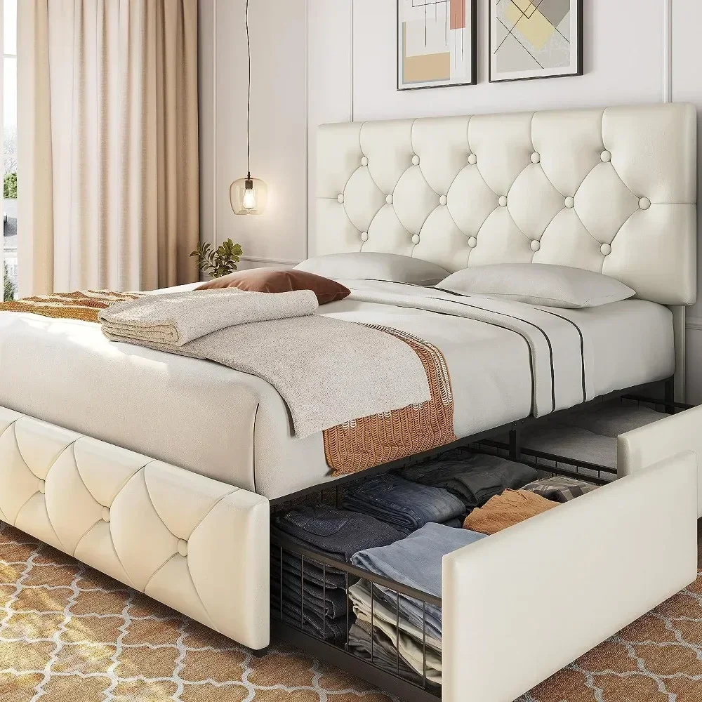 Upholstered Bed Frame with 4 Drawers and Adjustable Headboard,Leather Platform Bed with Mattress Foundation Wooden Slats Support