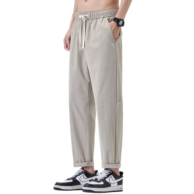 Spring Summer Thin High Stretch Men's Ankle Length Casual Pants Ice Silk Comfort Loose Solid Trousers Outdoor Pastoral Outing - view 6