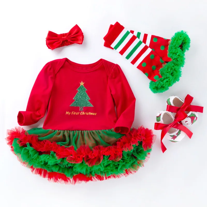 

Infant Baby Christmas Romper Dress With Headbands Socks Shoes Kids Holiday Clothes Baby Girl Festival Party Dressing Size 0-24M