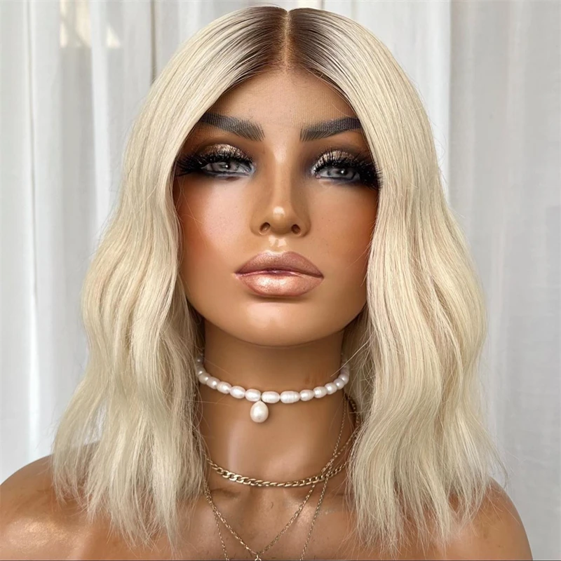 13x4 أومبير شقراء جليدية قصيرة موجة بوب HD شفافة الدانتيل الجبهة الباروكات شعر بشري أشقر بوب شعر مستعار مع جذور داكنة 180% الكثافة 14'' #3