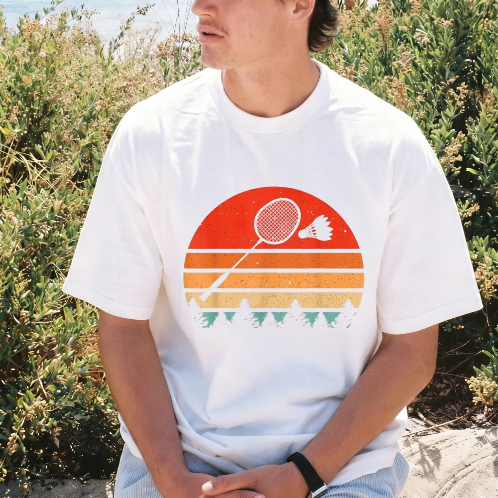 Badminton Summer Cotton Sports T Shirt Men Women Fashion Casual Vintage Sunset Racket Shuttlecock Graphic Short Sleeve Tee