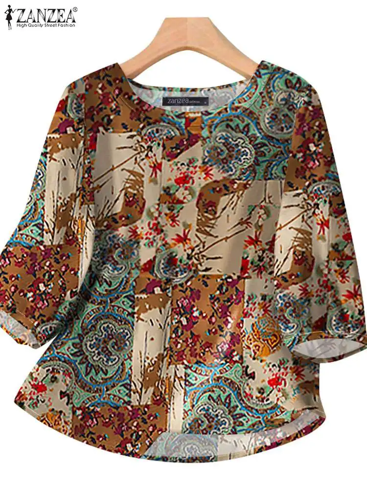 ZANZEA Casual 3/4 Sleeve Printed Cotton Blouses Women Vintage O Neck Blusas Mujer Elegant Daily Shirts Autumn 2024 Tunic Tops