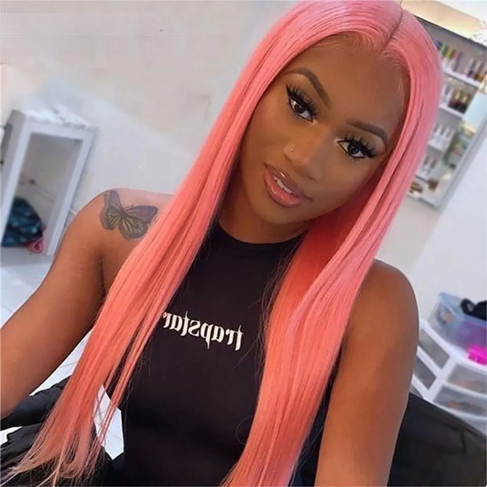 

Transparent Lace Frontal Wigs High Quality Pink Long Straight Brazilian Colored Human Hair Wig Cosplay For Women Pre Plucked
