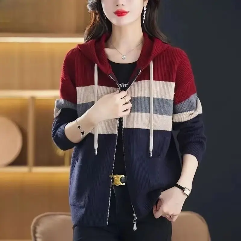 

Autumn Winter New knitted Cardigan Sweater Women's Long-Sleeved Hooded Zipper Color Joker Loose Sweater Female Casual Ladies Top