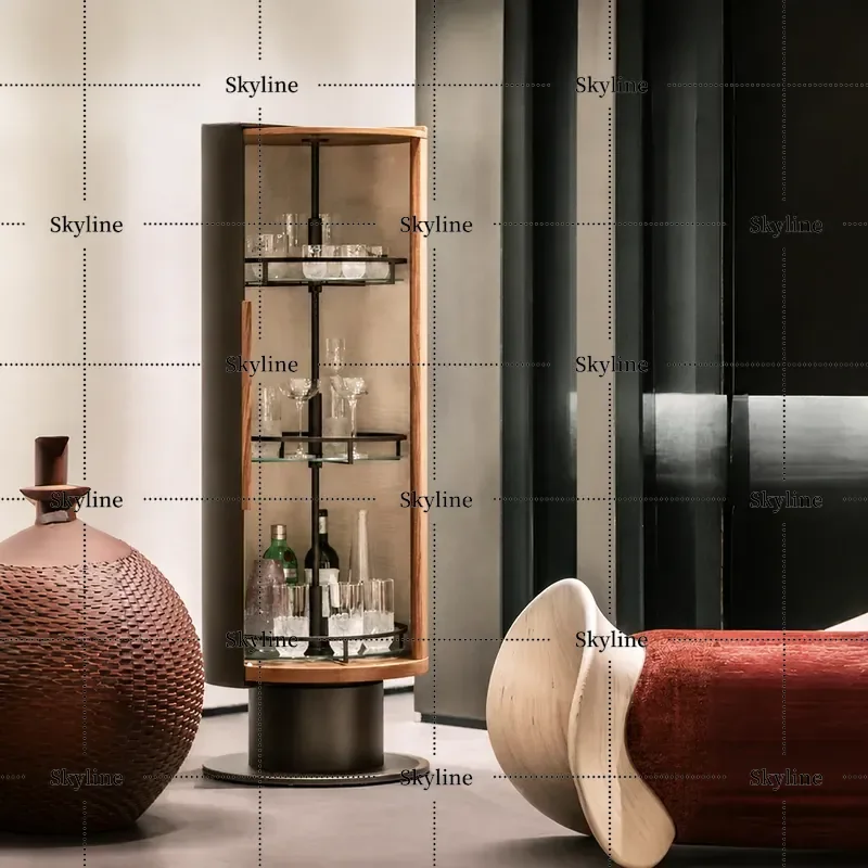 Italian Rotating Wooden Wine Cabinet Modern Luxury Glass Display Shelf for Living Room Home Art Storage Furniture