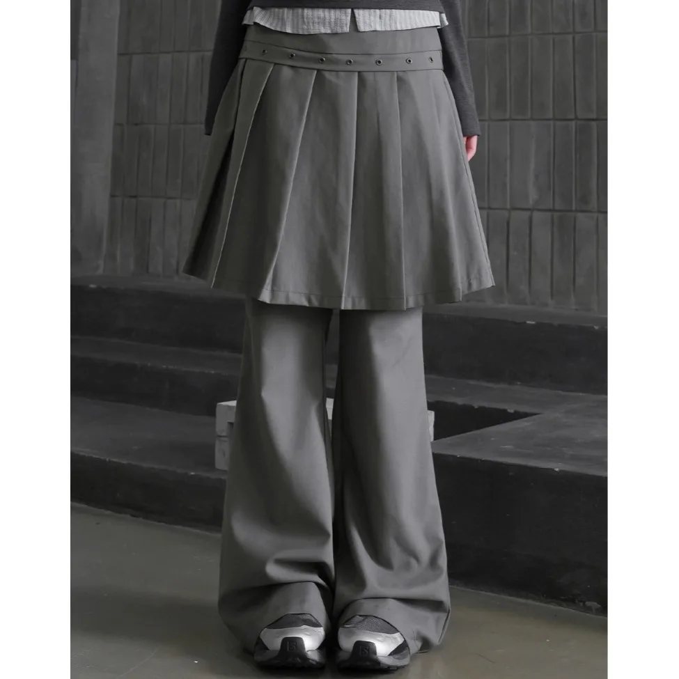 Spring 2026 Sweet Cool Style Fake Two-Piece Pleated Skirt Loose Micro Flared Pants Long Trousers Metal Buckle Natural Waist