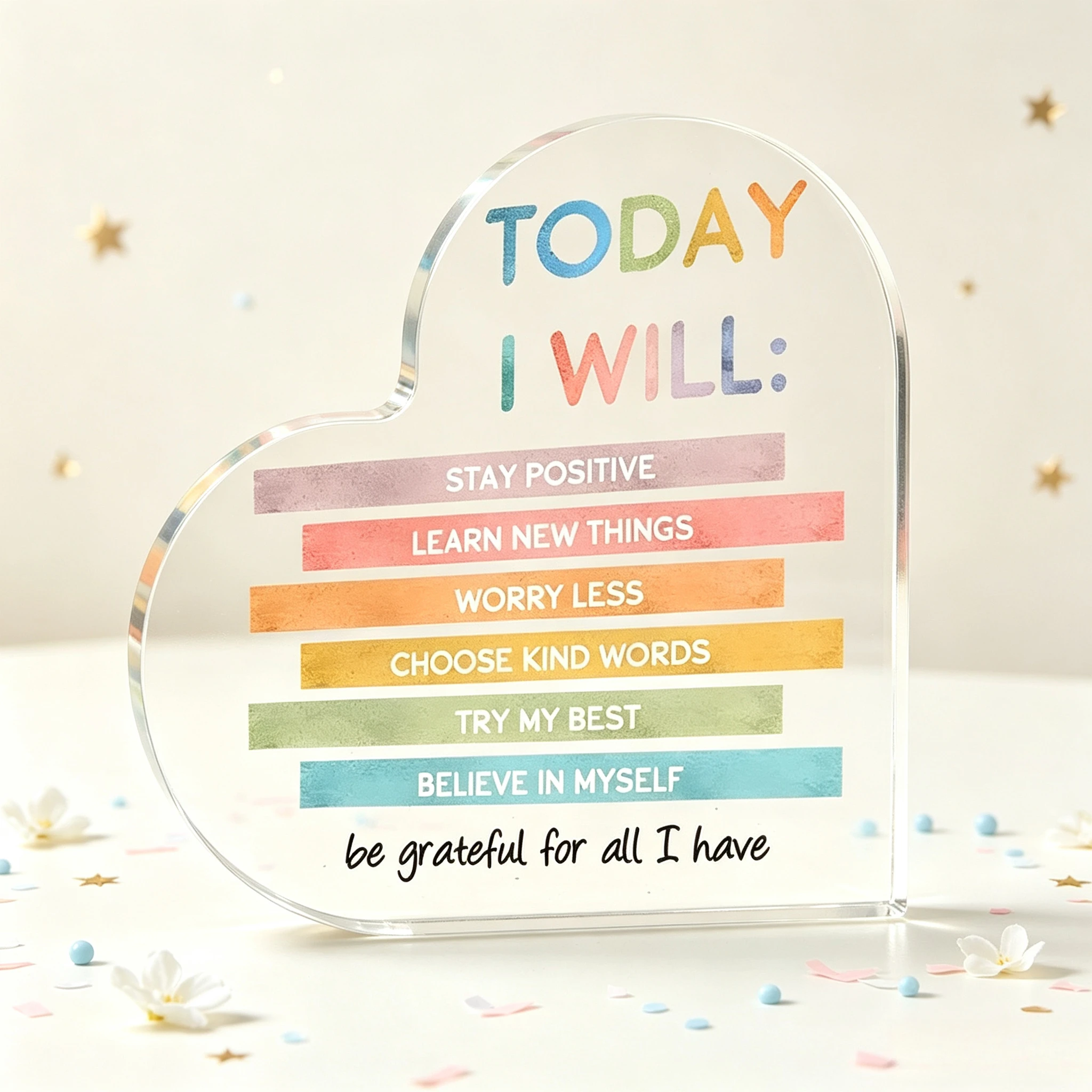 Pastel Rainbow Strips Heart Acrylic Stand, Inspirational Self‑Motivation Keepsake Table Ornament