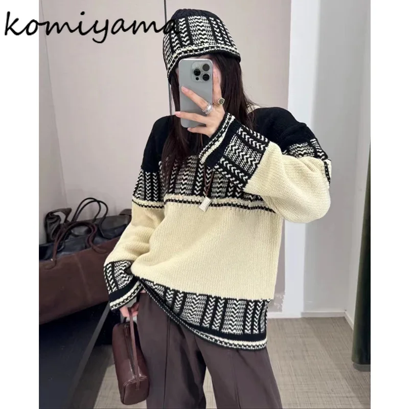 

Stripe Knit Ropa Mujer Korean Lazy Style Sweater Autumn Winter Clothes Woman Long Sleeve Pull Loose Casual Tops with Hat