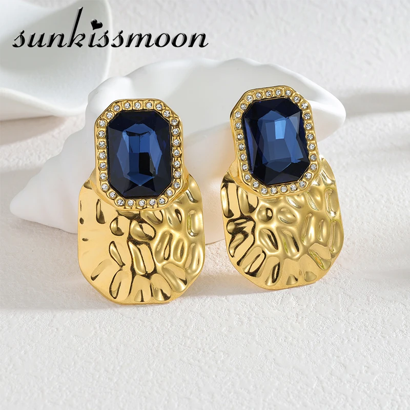 Exaggerated Geometric Zircon Stud Earrings Stainless Steel Gold Color Pleated Stud Earrings For Girls Women's Jewelry Gift