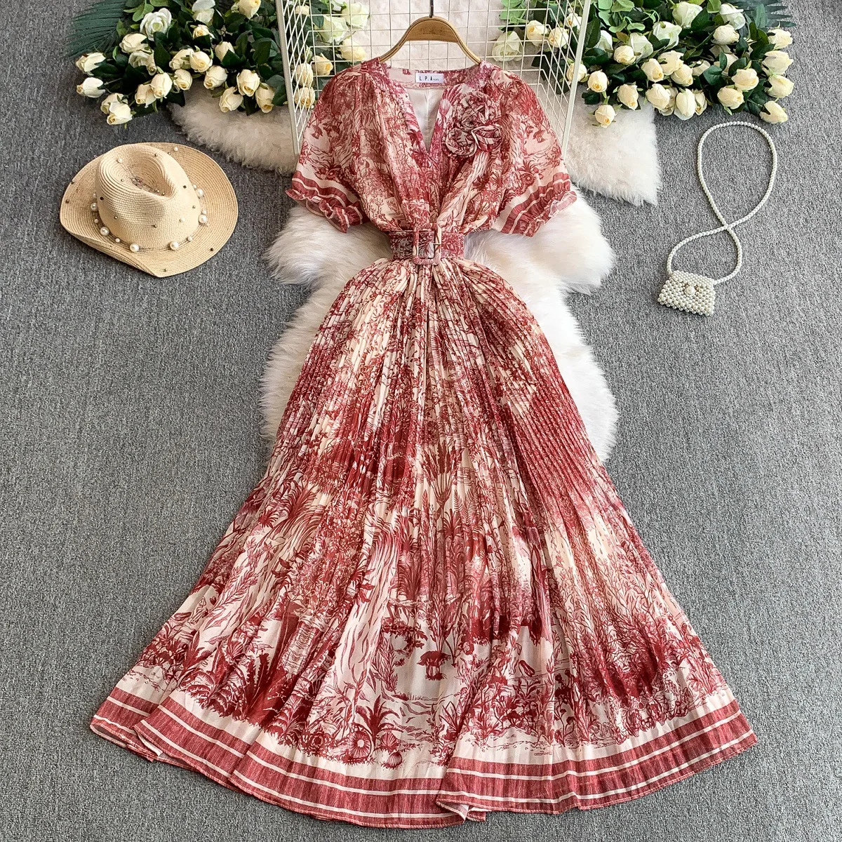 UNI imprimé robe Maxi femmes vacances d'été robes longues chemise 2025 printemps à manches courtes simple boutonnage perles robes de fête