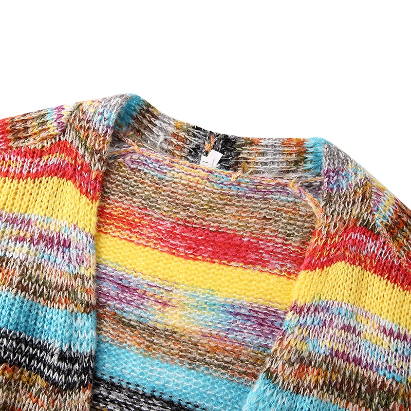 Cardigan en tricot au crochet rayé à proximité pour femme, col rond décontracté, manches longues, bouton sur le devant, pull en tricot coloré, Y2K