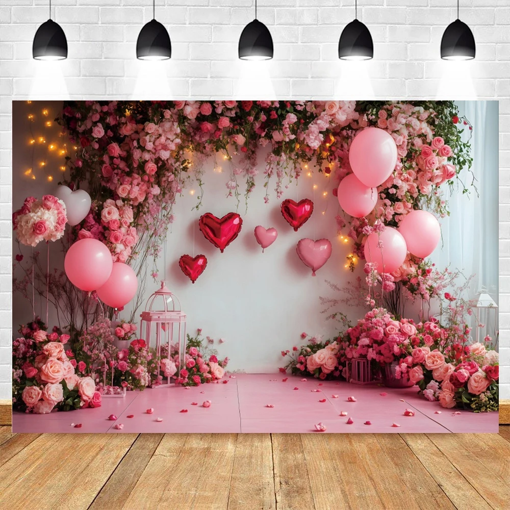 Valentines Day White Wall Balloons Flowers Backdrop Sweet February 14th Party Decor Wedding Bride Shower Photography Background