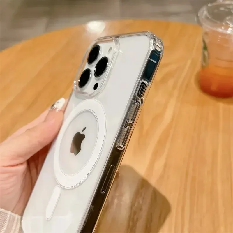 เคสแม่เหล็กคริสตัลใสหรูหราสำหรับ MagSafe ชาร์จแบบไร้สายสำหรับ iPhone 16 15 14 13 11 Pro Max PLUS เคสฝาหลังป้องกัน