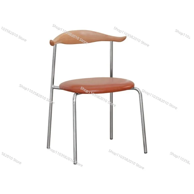 Leather Upholstered Chair with Curved Wooden Backrest Chrome Plated Metal Legs Retro Seating for Dining Room and Home Decor