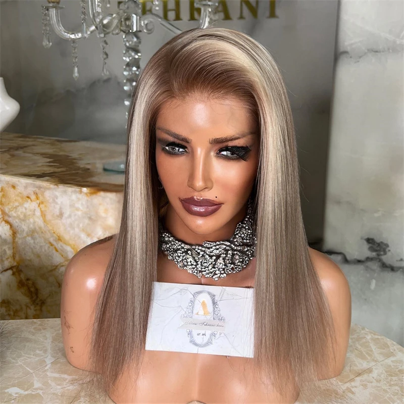 

High Quality Wig Ombre Blonde Brown Balayage Wig Lace Short Straight Bob Wig White Women 13x4 Synthetic HD Lace Frontal Wigs
