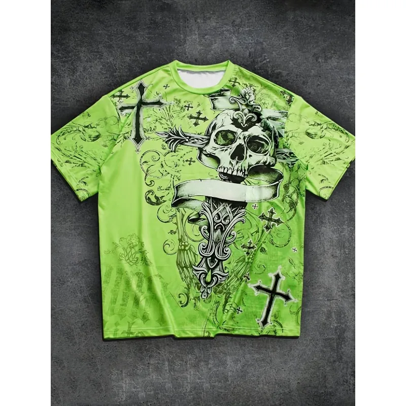 Leisure Quick Drying T-shirt with Green Skull Cross Full Print Short Sleeved Shirt