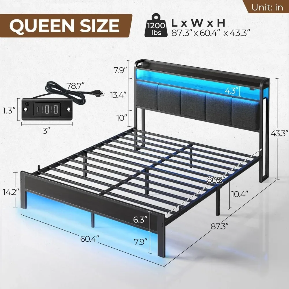 Queen Bed Frame with LED Lights, Upholstered Headboard, Charging Station, Storage Shelves, Heavy Duty Metal Slats bedstead