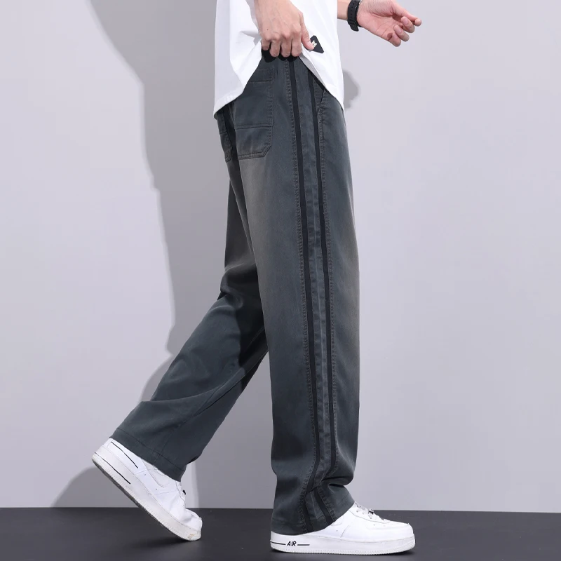 Summer Thin High Quality Soft Lyocell Fabric Jeans Men Loose Wide Leg Pants Elastic Waist Casual Trousers Male Plus Size M-5XL