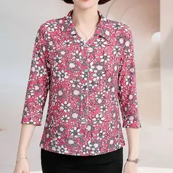 Vintage Printed Lapel Button Floral Shirts Women's Clothing Autumn New Loose All-match Tops Office Lady Blouses
