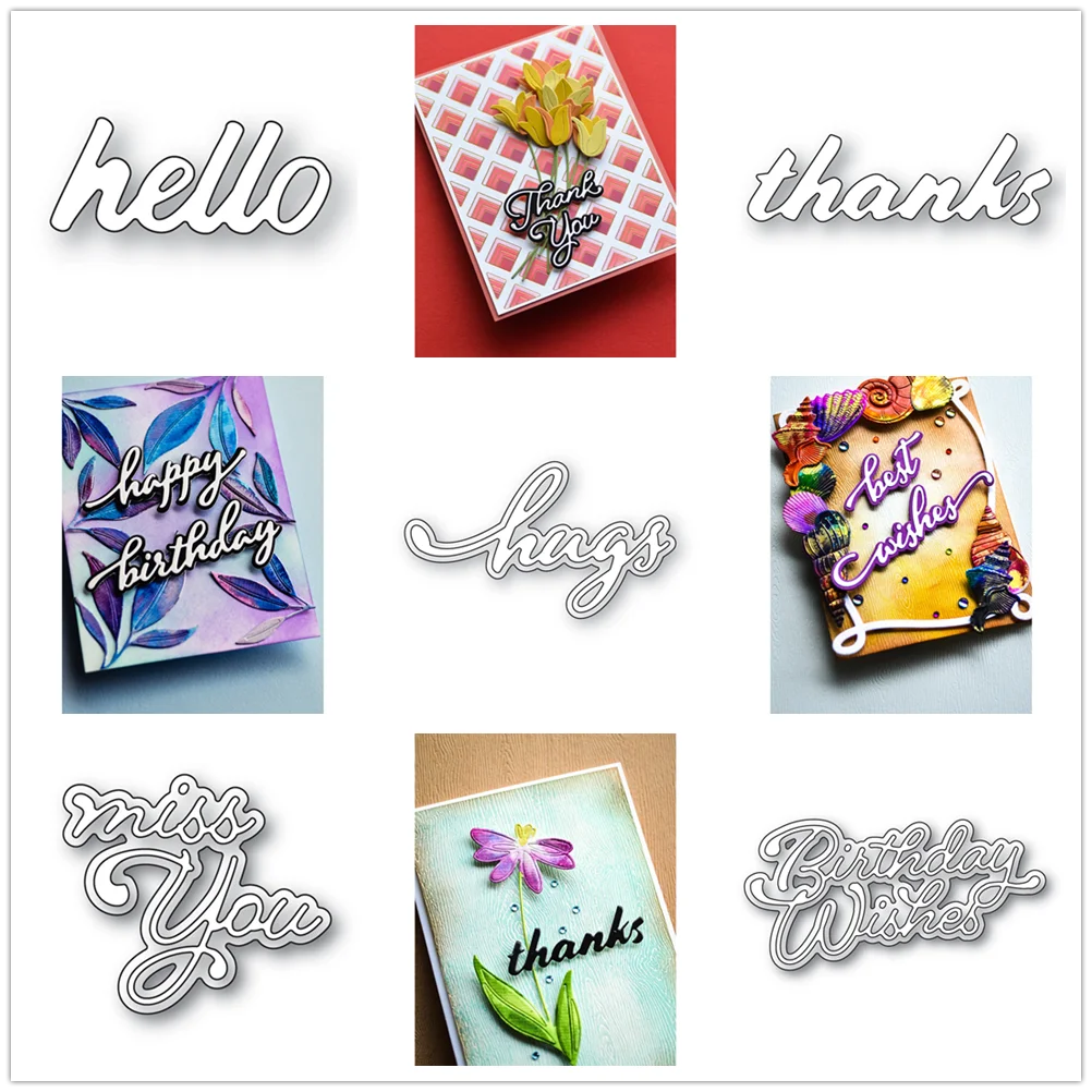 Thank You Words Miss You Moonlight Script Hugs Metal Cutting Dies for Scrapbooking Holiday Sentiments Frame Card Craft Supplies