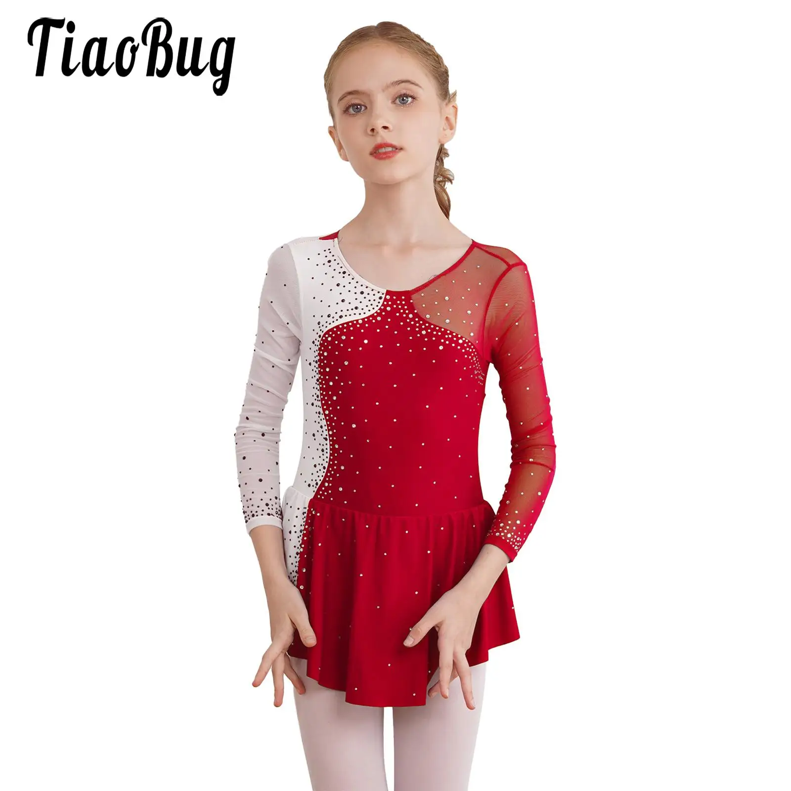 

Kids Girls Figure Ice Skating Dress Ballet Dance Gymnastics Leotard Long Sleeve Rhinestones Sheer Mesh Roller Skating Dresses