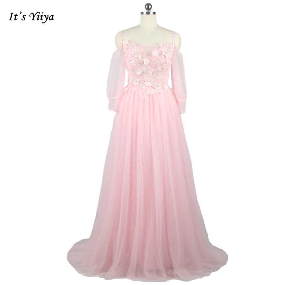 

It's YiiYa Evening Dress Pink Tulle Appliques Boat Neck Full Sleeves A-line Pleat Floor Length Plus size Lady Party Dress LX1268